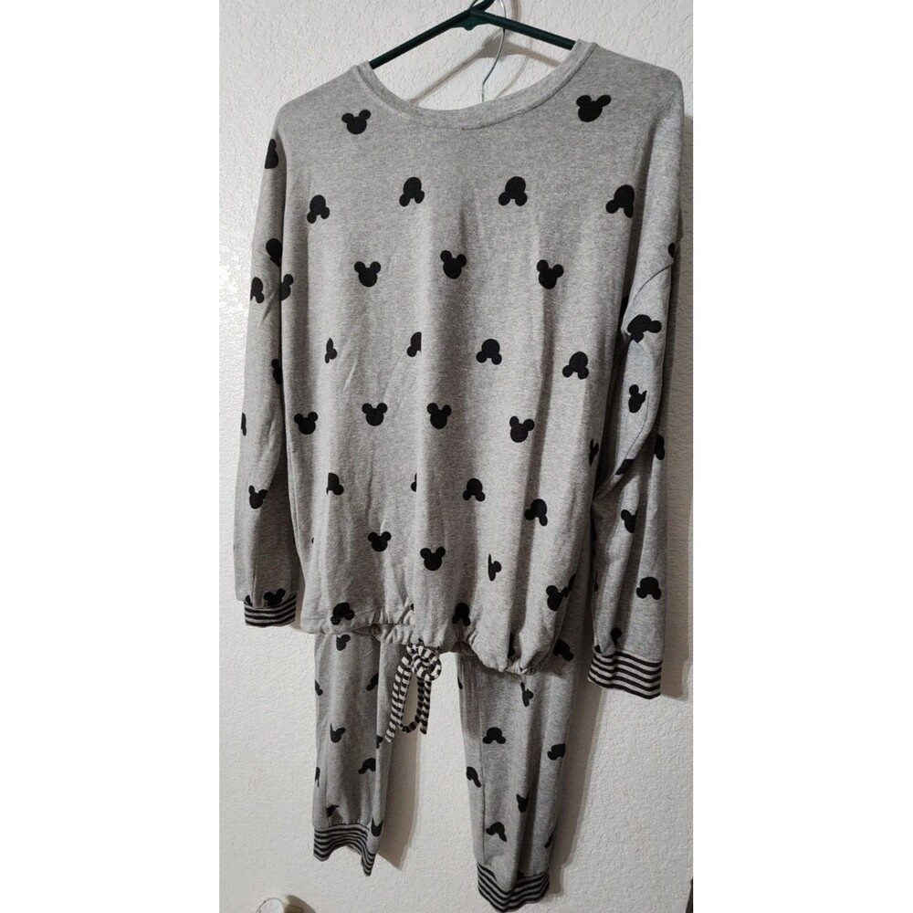 Disney Mickey Mouse Pajama PJ Set Womens Small Gray Tapered Stretch Pockets Tie